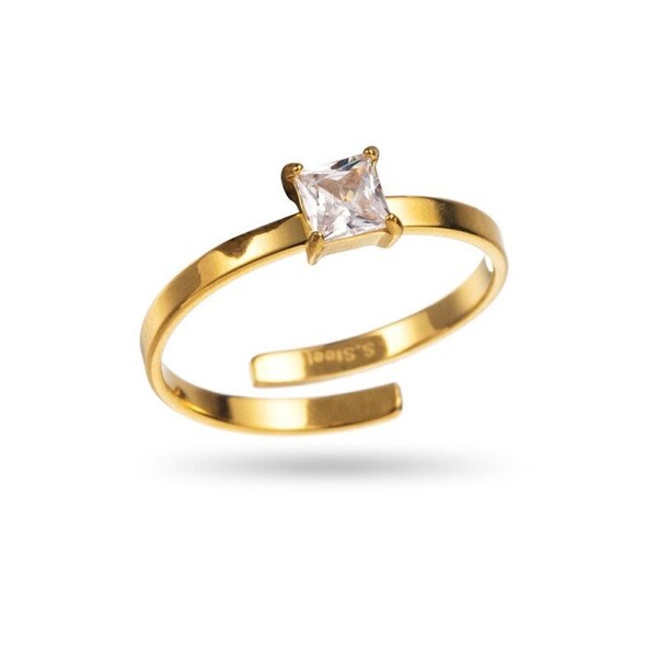 Bague Solitaire Strass Carré En Acier Inoxydable