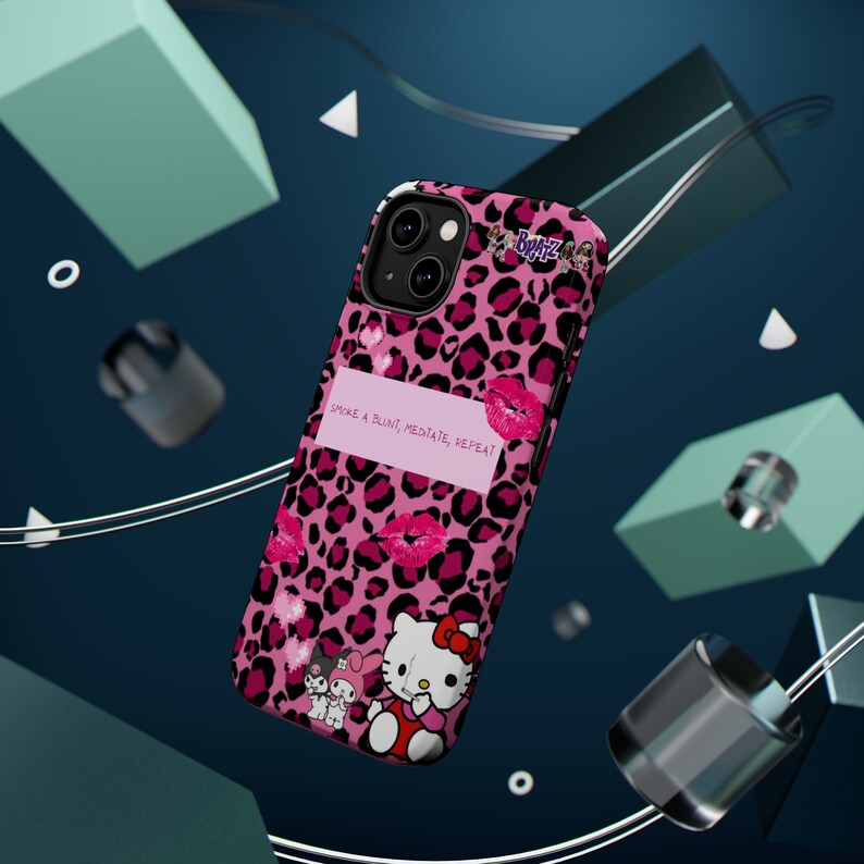 2000's y2k hello kitty kuroki barbie pink leopard print bratz dolls hearts and kisses meditation cute kawaii phone case for iPhone 13 and 14 image 3