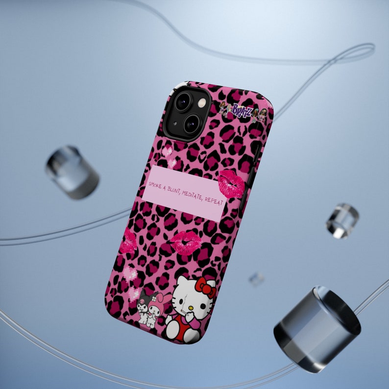 2000's y2k hello kitty kuroki barbie pink leopard print bratz dolls hearts and kisses meditation cute kawaii phone case for iPhone 13 and 14 image 5