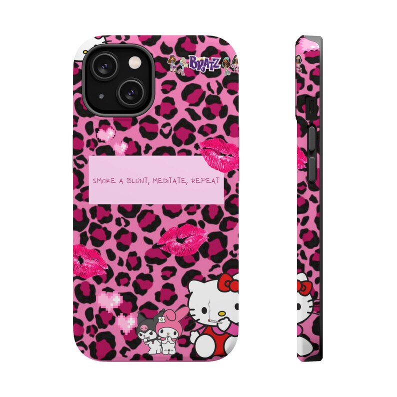 2000's y2k hello kitty kuroki barbie pink leopard print bratz dolls hearts and kisses meditation cute kawaii phone case for iPhone 13 and 14 image 6