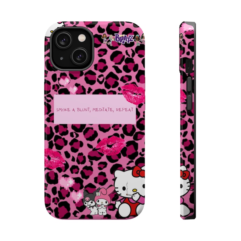 2000's y2k hello kitty kuroki barbie pink leopard print bratz dolls hearts and kisses meditation cute kawaii phone case for iPhone 13 and 14 image 1