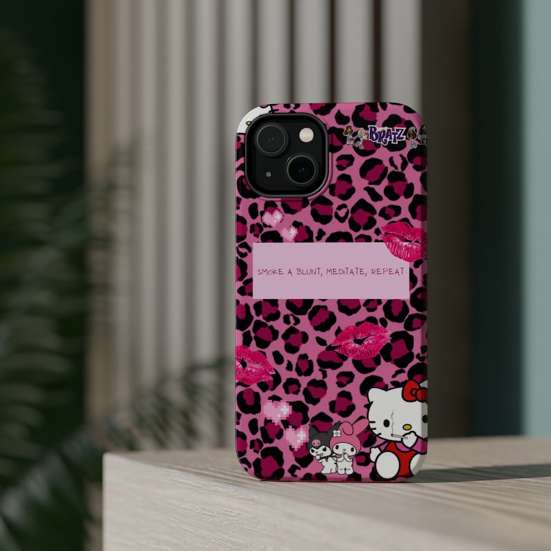 2000's y2k hello kitty kuroki barbie pink leopard print bratz dolls hearts and kisses meditation cute kawaii phone case for iPhone 13 and 14 image 4
