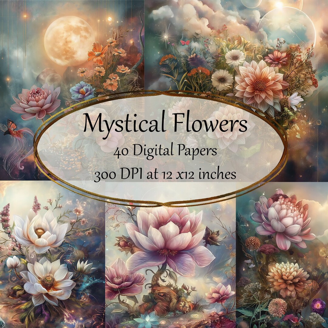 Mystical Flowers Digital Paper: 40 Printable Scrapbook Pages (12x12 ...