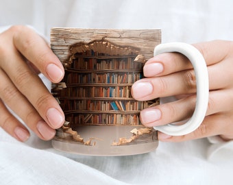 Realistischer Bücherregalbecher mit 3D-Effekt, Geschenk für Buchliebhaber, Becher mit 3D-Effekt, Becher mit Rissen, kreatives Geschenk, Bibliophiles