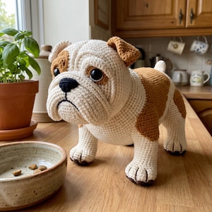 May include: A crocheted bulldog dog in cream and brown. The dog has a black nose and dark eyes. The dog is standing on a wooden surface next to a ceramic bowl with dog food. A decorative item, the dog is handmade.