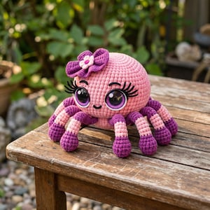 May include: A handmade crocheted spider toy in pink and purple. The spider features large eyes with eyelashes, a smiling face, and a flower on its head. The legs are striped, and the toy is placed on a wooden surface.