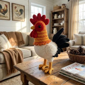 Puede incluir: Una figura de gallo de ganchillo hecha a mano con cresta roja, cuello naranja y amarillo, cuerpo blanco y cola negra. El gallo tiene patas amarillas y un pico amarillo. La figura se exhibe sobre una mesa de madera en un salón.