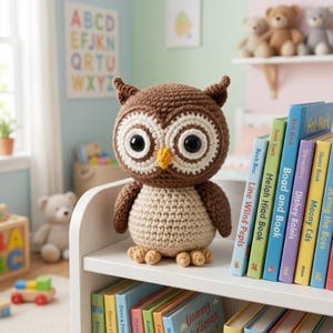 Op de afbeelding: Een handgemaakte gehaakte uil met bruine, crème en gele details. De uil heeft grote zwarte ogen en staat op een witte plank naast kleurrijke boeken. Een charmant decoratief item voor een kinderkamer.