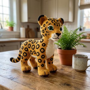Può includere: Un giocattolo leopardo all'uncinetto fatto a mano, nei toni del giallo, nero e bianco. Il felino maculato ha gli occhi verdi ed è appoggiato su un tavolo di legno. Un vaso con felce e una tazza di ceramica sono anche sul tavolo.