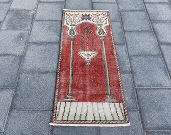 1,7 x 3,8 pi, tapis rustique, tapis ethnique, tapis turc, petit tapis vintage, tapis rouge, tapis bohème, tapis Oushak, tapis ancien, tapis bohème, tapis fait main