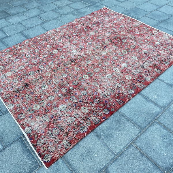 5.2x7.1 ft, Red floral rug, Turkish rug, Organic rug, Area rug, Vintage rug, Oushak rug, Boho rug, Handmade rug, Bohemian rug, Turkey rug