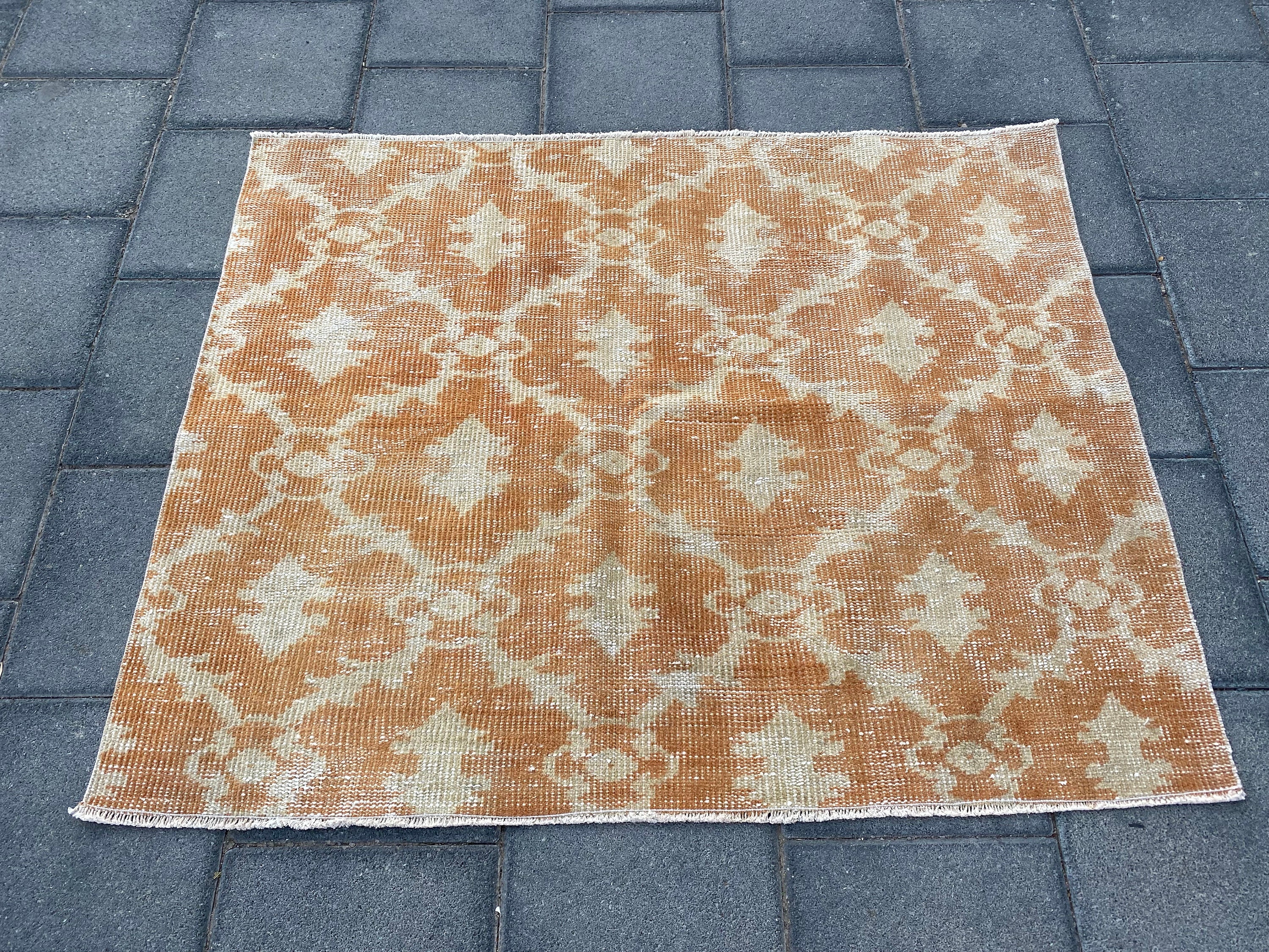 3.4x4.2フィート、トルコラグ、スクエアラグ、オレンジラグ