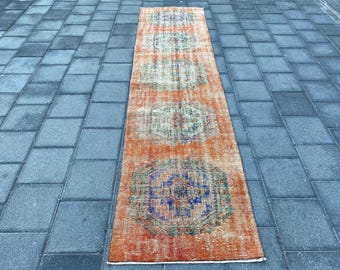 2.6x10.6 ft, Orange runner rug, Turkish rug, Vintage rug, Oriental rug, Hallway rug, Bohemian rug, Handmade rug, Boho decor rug, Oushak rug