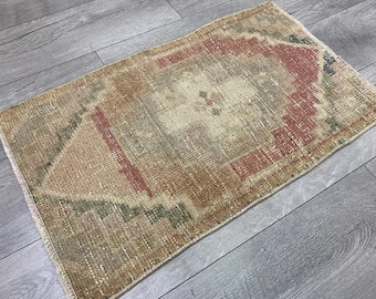 May include: A rectangular woven rug featuring a central geometric medallion in shades of muted red, beige, tan, and sage green. The rug has a distressed, weathered texture with a repeating pattern and short fringe along the shorter edges.
