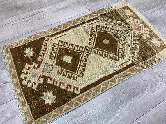 Brown wool rug, Organic rug, Doormat rug, Kitchen rug, Faded rug, Turkish rug, Vintage rug, Bohemian rug, Handmade rug, Bath rug, 1.7x3.2 ft