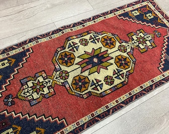 Alfombra Oushak, Alfombra turca, Alfombra rosa y azul, Alfombra vintage, Alfombra pequeña, Alfombra oriental, Alfombra bohemia, Alfombra bohemia, Alfombra antigua, Felpudo, 0,5 x 1,1 m