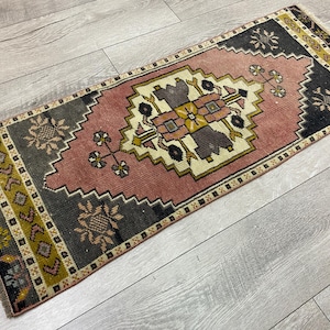 1x3 Small rug, Turkish vintage rug, Oushak doormat, 1.3 x 3.4 ft