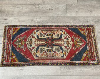 1,7 x 3,9 pies, alfombra turca, alfombra azul y roja, alfombra oriental, alfombra vintage, alfombra boho, alfombra Oushak, alfombra hecha a mano, decoración del hogar boho, felpudo