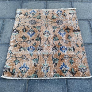 2.3 x 2.5 ft, Square rug, Orange small rug, Vintage rug, Turkish mini rug, Oushak wool rug, Boho decor, Handmade rug, Bohemian rug, Doormat