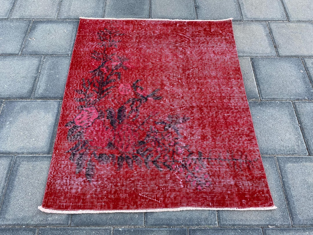 Red Square Rug Texture 3.1 X 3.7 Ft, Square Rug, Small Rug, Red Rug, Turkish Rug, Vintage Rug ...