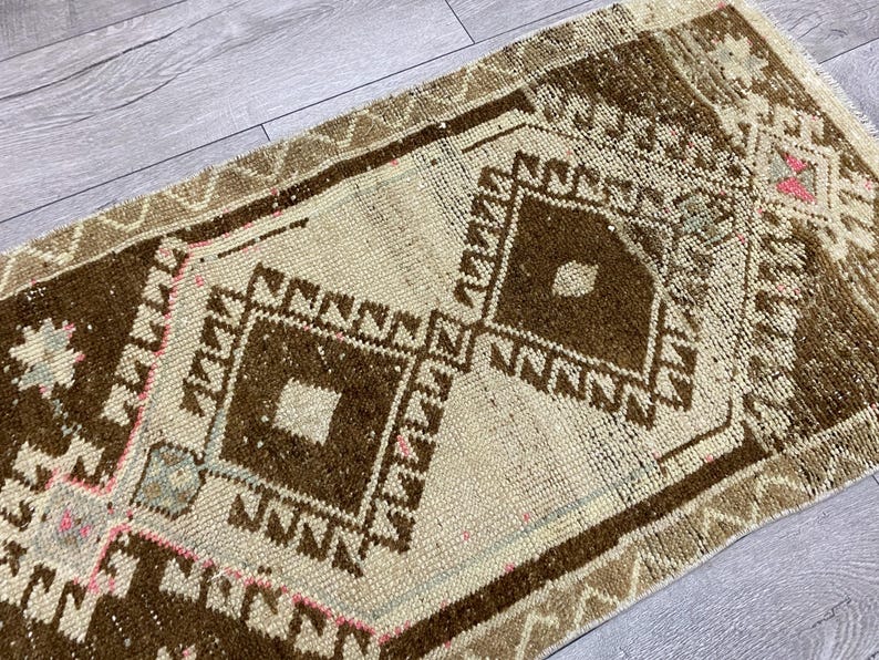Brown wool rug, Organic rug, Doormat rug, Kitchen rug, Faded rug, Turkish rug, Vintage rug, Bohemian rug, Handmade rug, Bath rug, 1.7x3.2 ft image 2