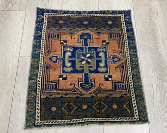Alfombra pequeña de 1,6 x 1,8 pies, alfombra turca, alfombra hecha a mano, alfombra bohemia, alfombra vintage, alfombra bohemia, decoración del hogar, alfombra rosa y azul, alfombra de lana, alfombra Oushak