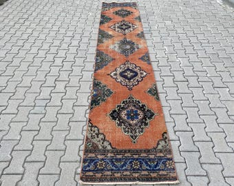 2.5 x 12.5 ft, Oushak runner rug, Orange rug, Vintage rug, Turkish rug, Boho rug, Handmade wool rug, Bohemian rug, Hallway rug, Corridor rug