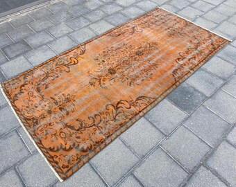 4.0 x 8.0 ft, Orange rug, Oriental rug, Runner rug, Turkish rug, Vintage rug, Dining room rug, Oushak rug, Overdyed rug, Handmade wool rug