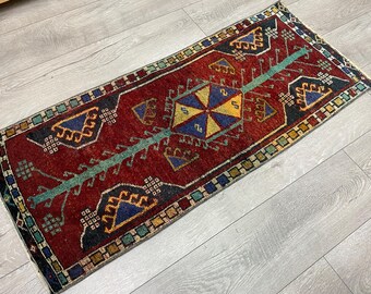 Petit tapis, tapis rouge, tapis turc, tapis vintage, paillasson, tapis Oushak, tapis de bain, tapis ancien, tapis bohème, tapis en laine biologique, 1,6 x 3,9 pi