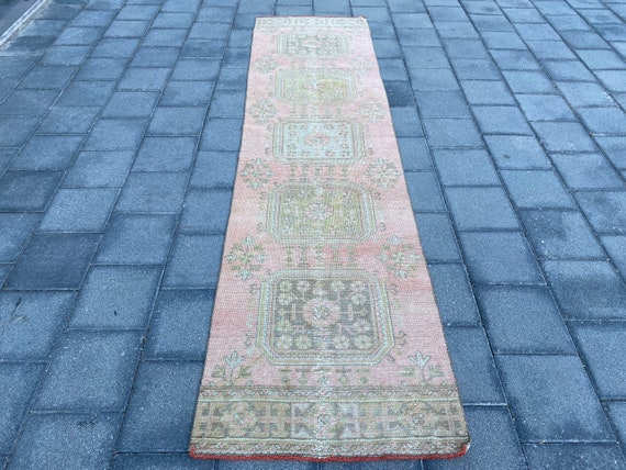 2.7x10.6 ft, Pink rug runner, Floral rug, Overdyed rug, Vintage rug, Boho rug, Home decor, Bohemian rug, Wool rug, Handmade rug, Oushak rug