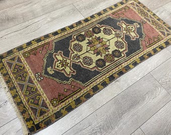 Alfombra de lana Oushak, alfombra turca pequeña, alfombra rosa y azul, alfombra de felpudo, alfombra de baño, alfombra hecha a mano, alfombra boho, alfombra vintage, alfombra boho, 0,5 x 1,1 m