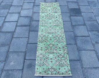 1.4 x 6.3 ft, Green rug, Small runner rug, Vintage rug, Floral rug, Turkish rug, Oushak boho rug, Bedroom rug, Bohemian rug, Handmade decor