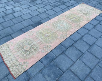 2.7x10.7 ft, Pink runner rug, Turkish rug, Hallway rug, Vintage rug, Corridor rug, Bohemian rug, Organic wool rug, Handmade rug, Faded rug