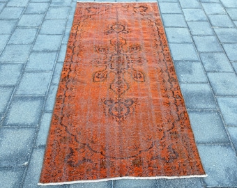 3.7 x 7.6 ft, Orange area rug, Overdyed rug, Turkish rug, Oriental rug, Vintage rug, Bohemian wool rug, Organic rug, Handmade rug, Boho rug