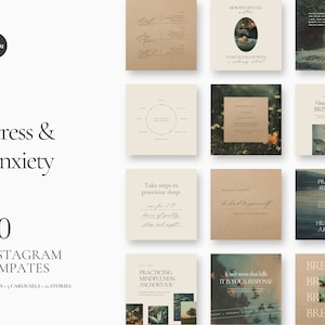 Op de afbeelding: Een set van 80 Instagram-sjablonen voor stress en angst. De sjablonen bevatten een verscheidenheid aan ontwerpen, waaronder citaten, illustraties en foto's. De sjablonen zijn ontworpen om mensen te helpen stress en angst te beheersen.
