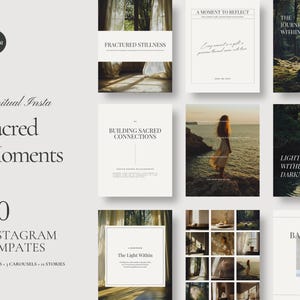 Peut inclure: Ensemble de 60 modèles Instagram sur le thème spirituel. Les modèles présentent des images avec des superpositions de texte telles que "Fractured Stillness", "Building Sacred Connections" et "The Journey Within". Le logo Canva est visible en haut à gauche.