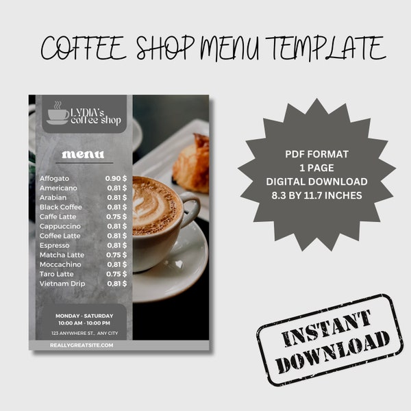 Coffee Menu, Coffee Menu Poster, Editable Coffee Menu Template Price List, Canva Coffee Shop Menu, Digital Download, Modern Restaurant Menu