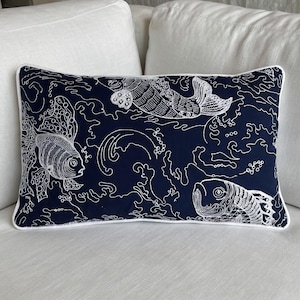 Scatter cushion cover white navy blue fishes pattern 50x30cm double-sided