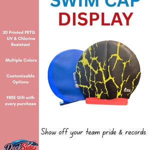 May include: A 3D printed PETG swim cap display stand holding two swim caps. One cap is solid blue, and the other is black with a yellow lightning bolt pattern. The display features text including SWIM CAP DISPLAY, 3D Printed PETG, UV & Chlorine Resistant, Multiple Colors, Customizable Options, FREE Gift with every purchase, and Show off your team pride & records.