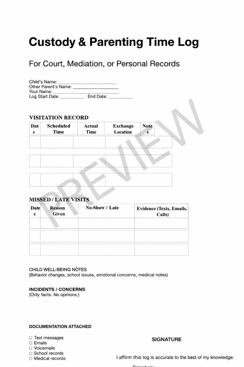 Custody &amp; Parenting Time Log Printable | Court-ready Visitation Tracker ...