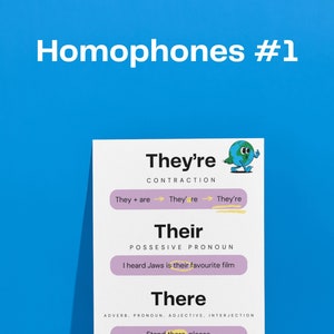 Homophones #1 Poster | ESL | EFL | ESFOL | A2, A3, A4 Sizes Included | Classroom | Visual Aids | Printable
