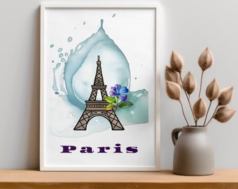 Eiffel Tower Printable Poster, 11 x 17 Digital Download, Watercolor Paris Travel Poster, Paris Printable Art, Eiffel Tower Printable Art
