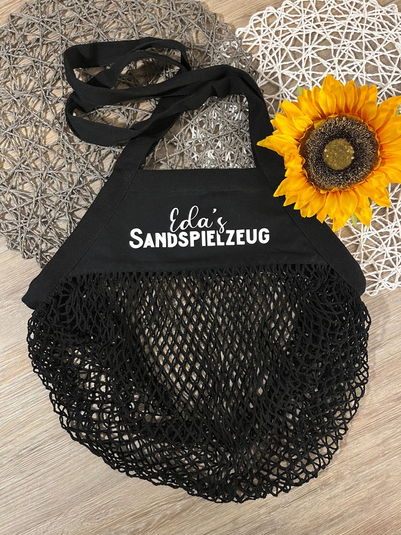 personalisierte Sandtasche Tasche für Sandspielzeuge Strandspielzeug Netztasche Mesh Tasche 9 - Schwarz