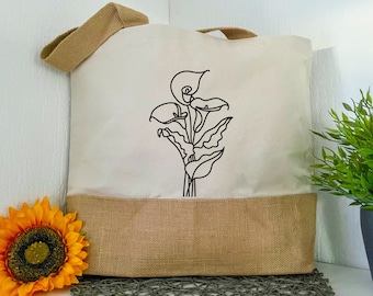 Schöne Tasche mit Lilien Aufdruck - Einkaufstasche, Tasche für's Büro, Geschenk Muttertag, Jutetasche, Jutebeutel, Tragetasche