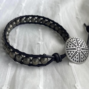 Pyrite Beaded Bracelet, Gender Neutral Bracelet, Black and Gold Gemstone Bracelet, Fools Gold Bracelet, Custom Bead Bracelet, Leather Wrap