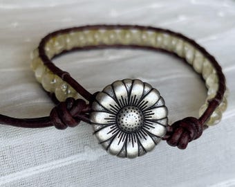 Citrine Beaded Leather Wrap Bracelet, Sunflower Button