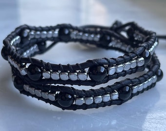 Black Onyx Leather Wrap Bracelet, Metallic Beads, Handmade