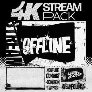 Peut inclure: Conception graphique en noir et blanc avec le texte "4K STREAM PACK" et "OFFLINE" dans un style vieilli. Le design comprend une bannière avec une étoile éclatante et un fond blanc avec du texte noir.
