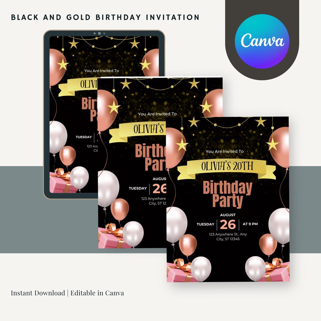 Digital Black and Gold Modern Birthday Invitation Template - Etsy