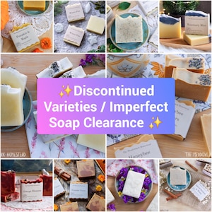 May include: A selection of handmade soaps in different colours and designs. Some soaps are labelled with scents such as "Pumpkin & Maple," "Rosemary Mint," and "Orange Blossom." The image includes the text "Discontinued Varieties / Imperfect Soap Clearance."